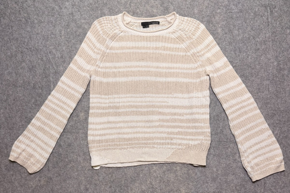 360 Sweater Womens S Cream Beige Striped Open Knit Pullover Raglan Italian Yarn
